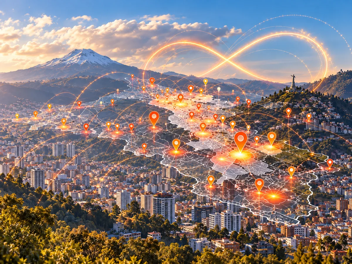 Quito vista desde una loma, con la grilla del análisis y un símbolo de infinito sobre la ciudad